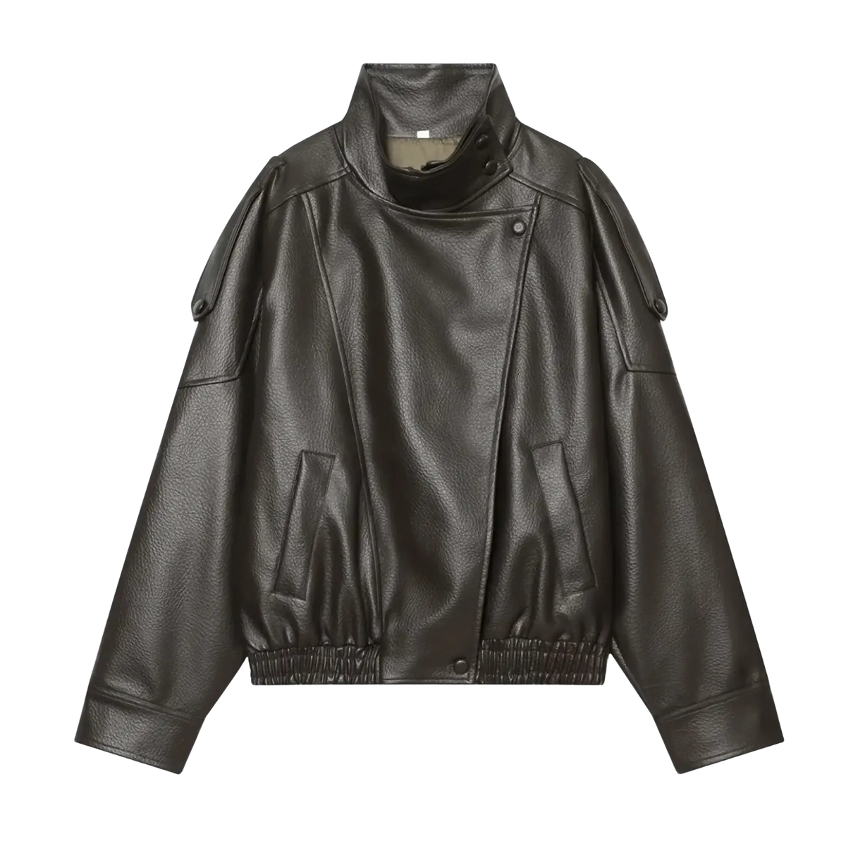 Dark olive green faux leather moto jacket with high collar shoulder epaulets and elastic cuffs in bomber style