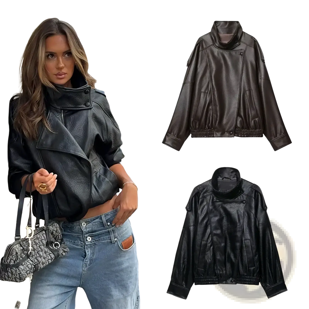 Black faux leather bomber jacket with high collar and elastic cuffs designed as a moto style outerwear piece