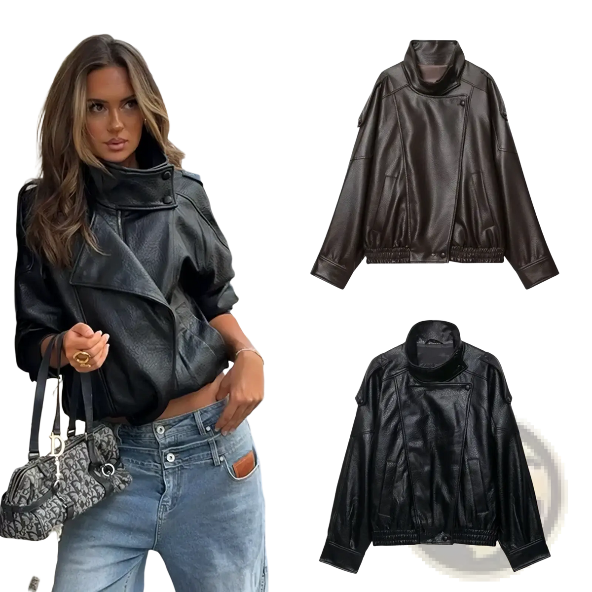 Black faux leather bomber jacket with high collar and elastic cuffs designed as a moto style outerwear piece