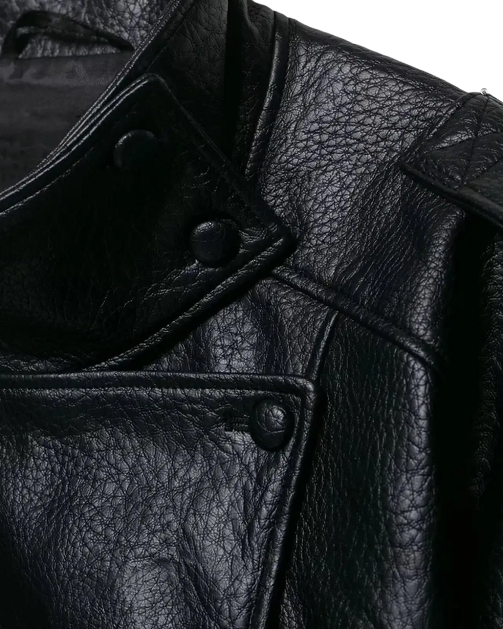 Faux leather bomber jacket black with high collar and textured slightly wrinkled surface with dark button closures