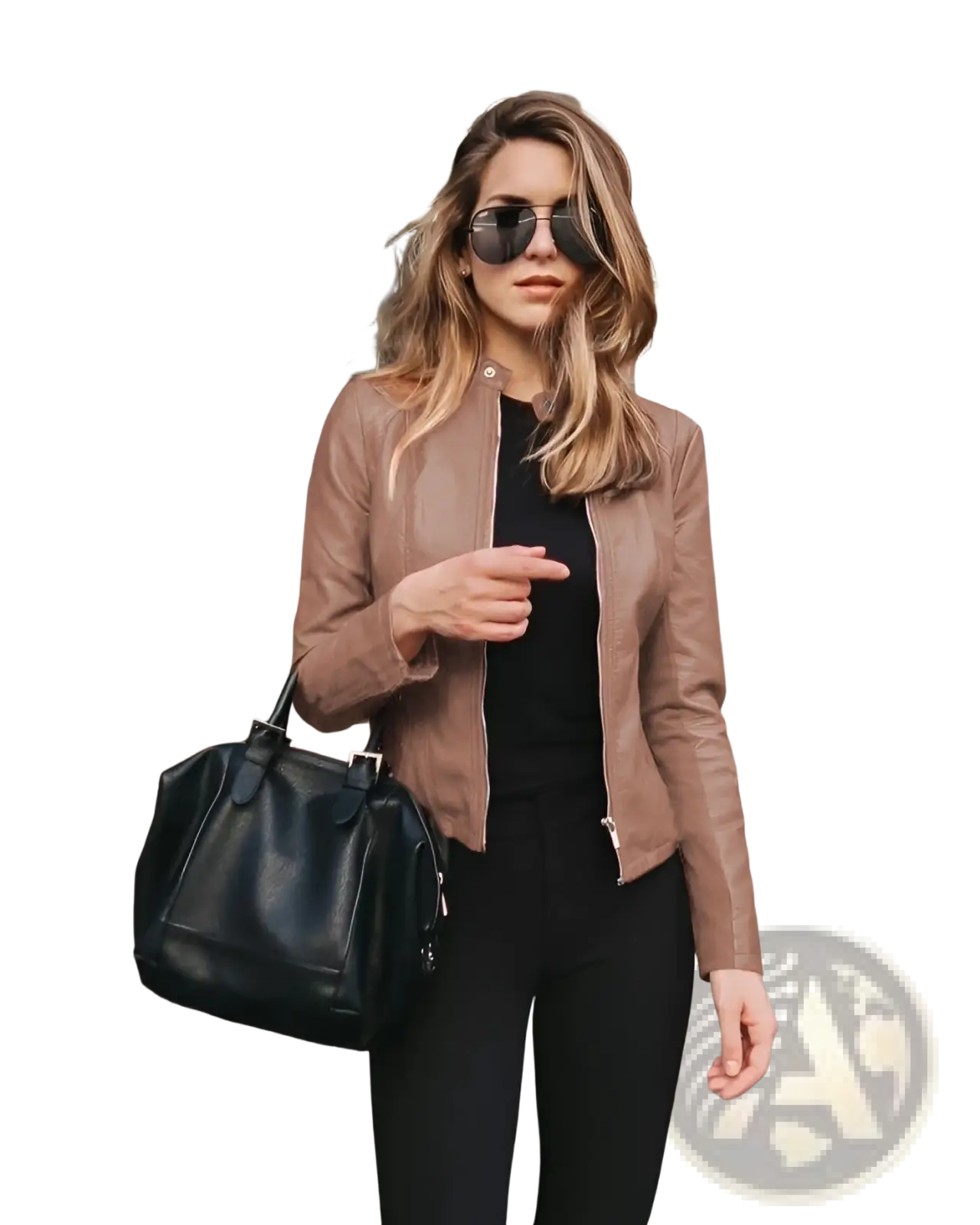 Black leather satchel bag with structured shape and top handle paired with faux leather bomber jacket fitted zip up coat