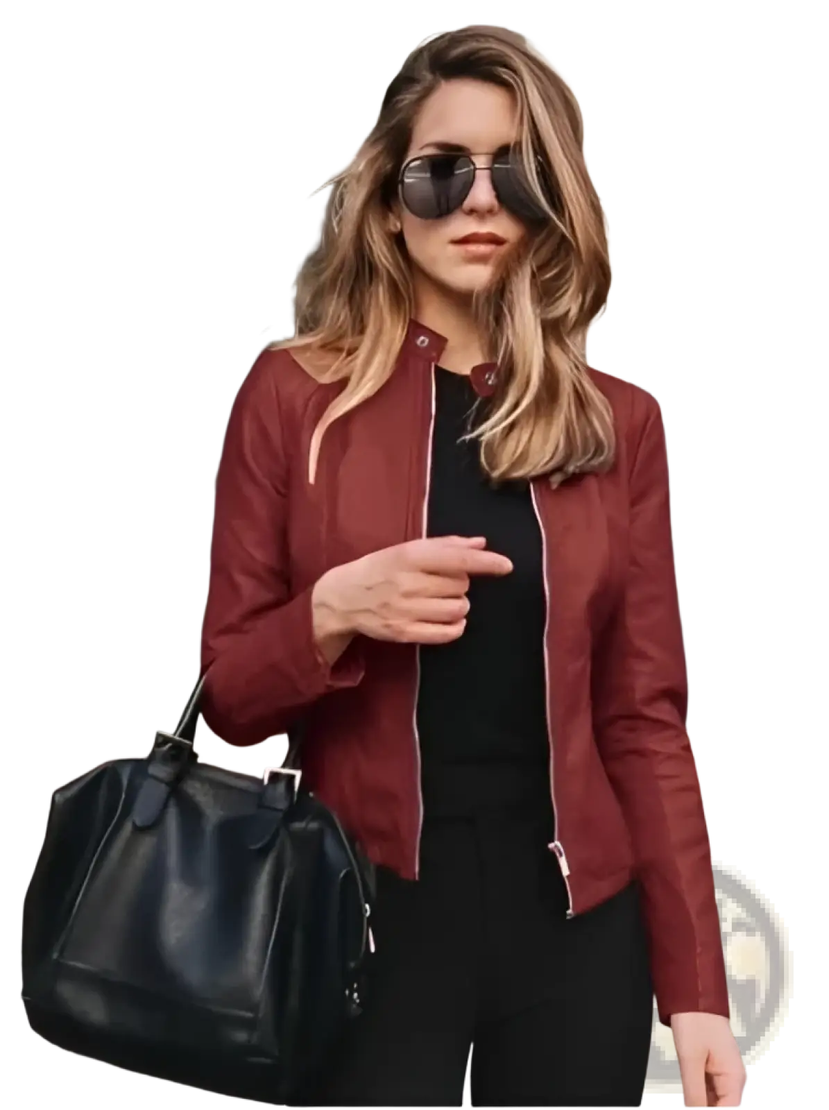 A sleek black faux leather bomber jacket with fitted zip up coat features a structured handbag with silver hardware