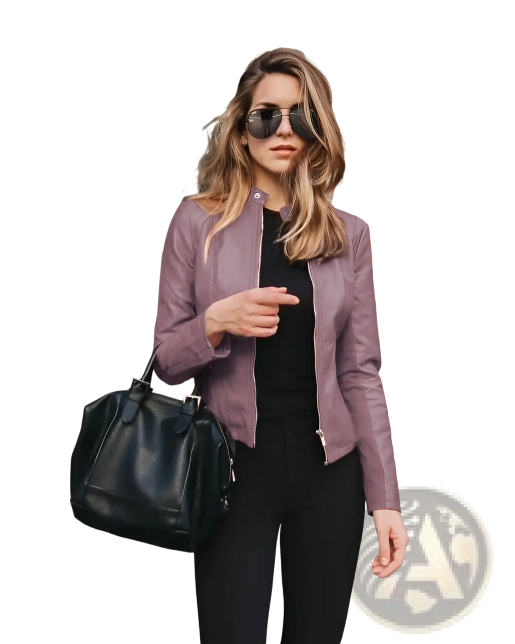 Black leather satchel bag with top handle and front flap closure complementing faux leather bomber jacket fitted zip up coat