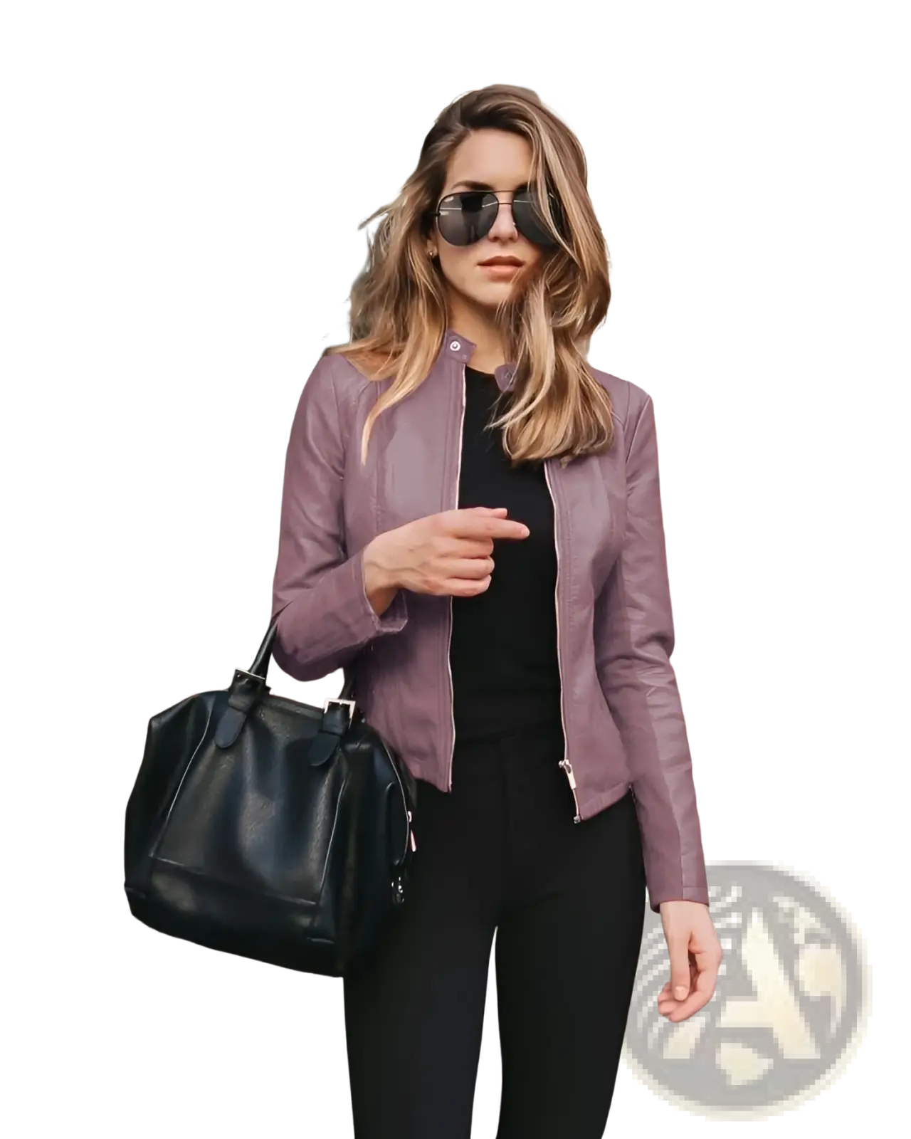 Black leather satchel bag with top handle and front flap closure complementing faux leather bomber jacket fitted zip up coat