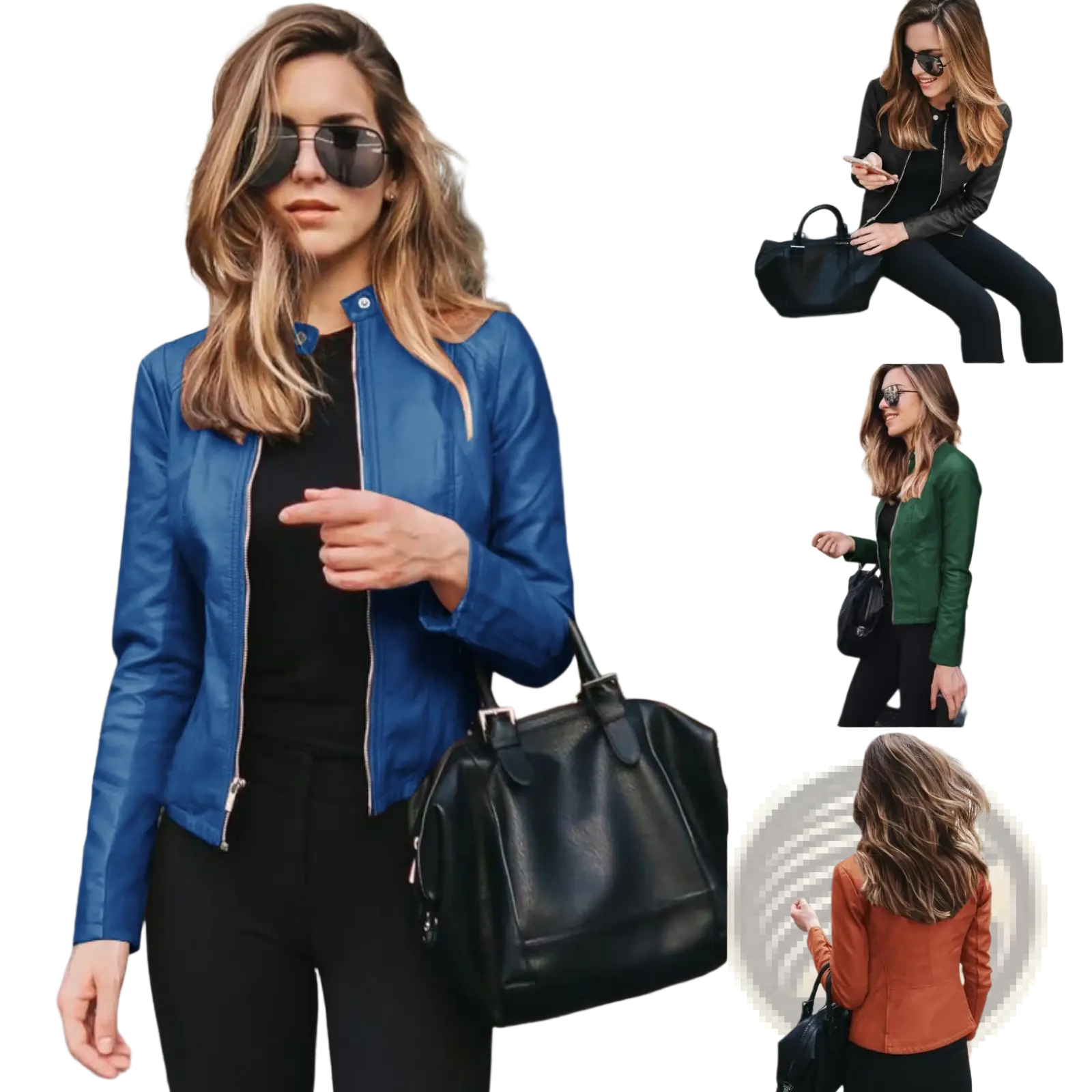 Blue faux leather bomber jacket fitted with silver zipper accents and zip up front for a sleek look