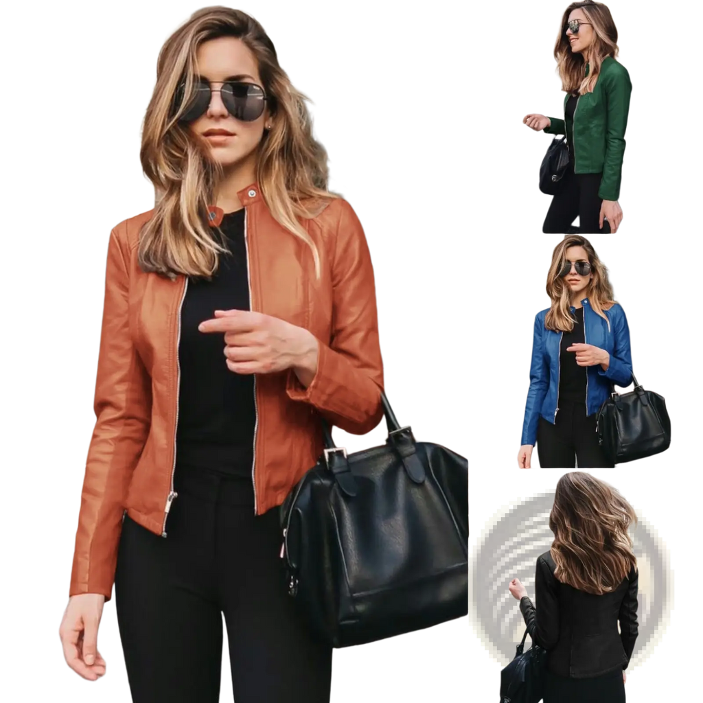 A rust-orange faux leather bomber jacket with a classic collar and fitted zip up closure for stylish wear