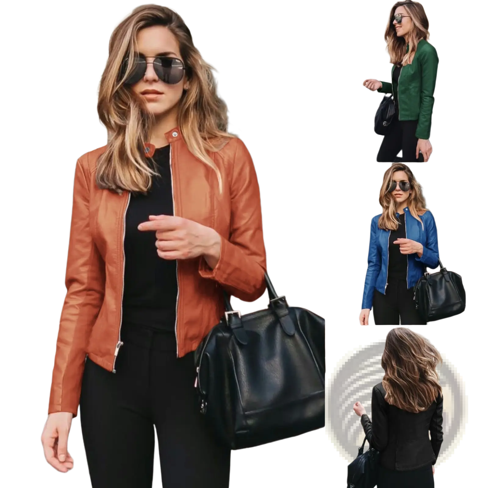A rust-orange faux leather bomber jacket with a classic collar and fitted zip up closure for stylish wear