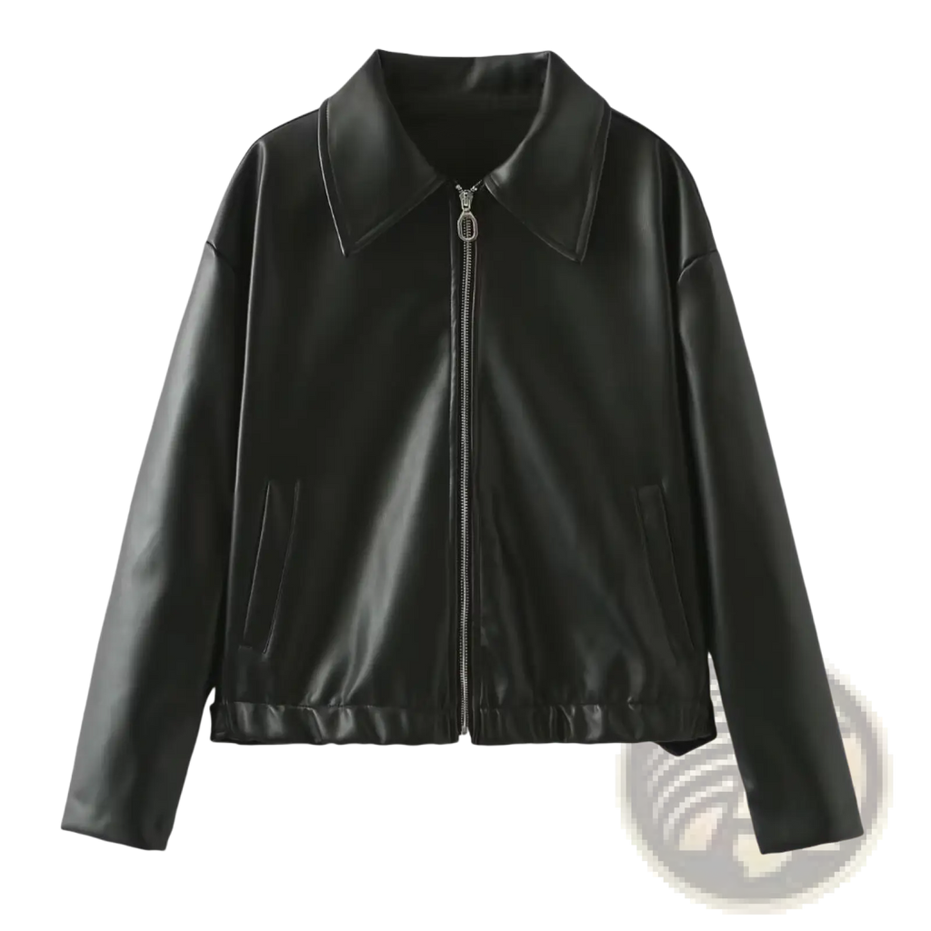 Black faux leather bomber jacket with a classic collar and front zipper featuring a loose fit cropped moto style