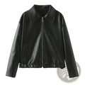 Black faux leather bomber jacket with a classic collar and front zipper featuring a loose fit cropped moto style