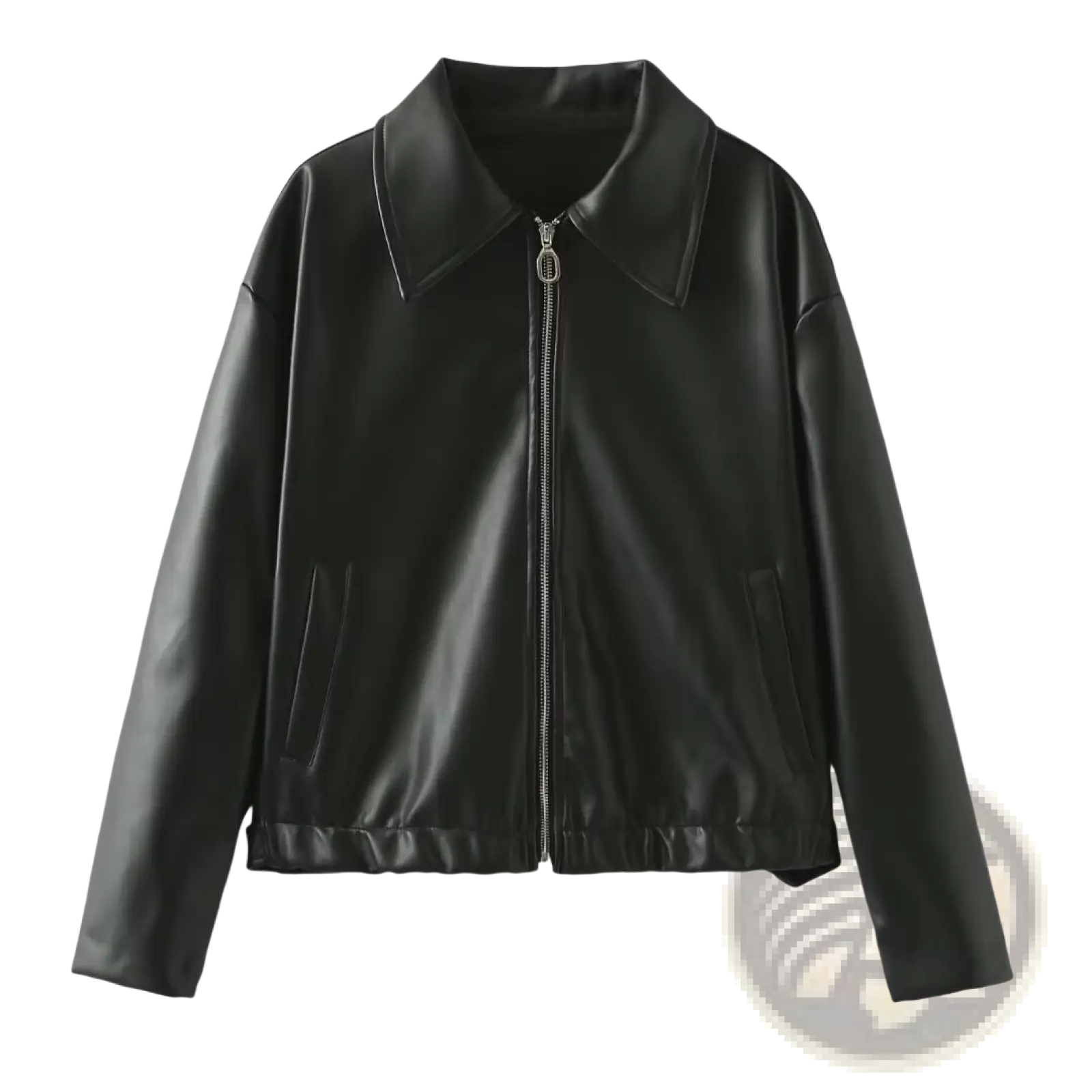 Black faux leather bomber jacket with a classic collar and front zipper featuring a loose fit cropped moto style