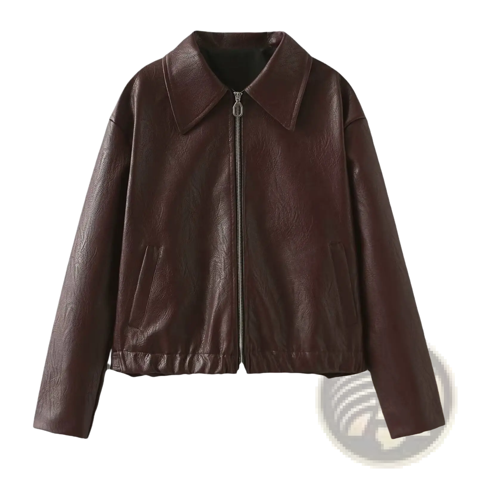 A dark brown faux leather bomber jacket with a classic collar and front zipper in a loose fit cropped style