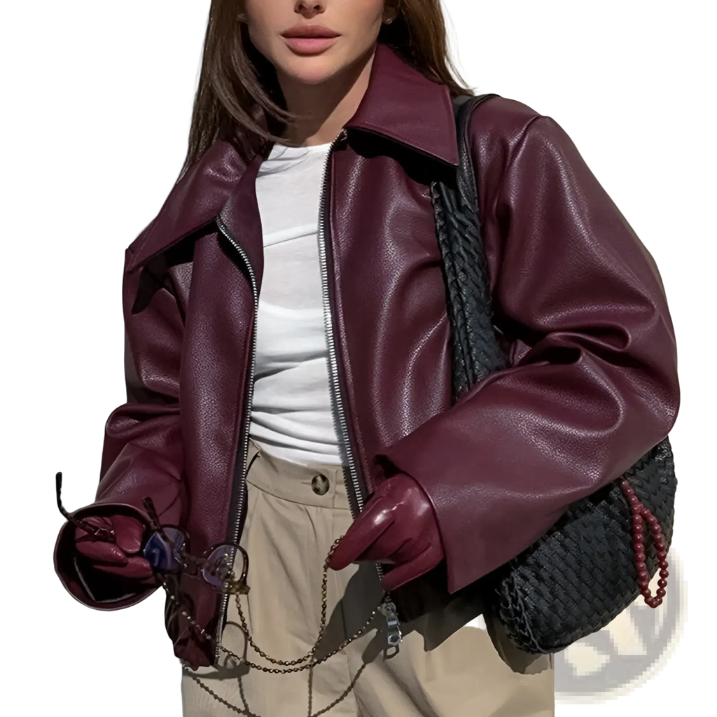 A burgundy faux leather bomber jacket with a classic collar and zipper front in a loose fit cropped moto coat style
