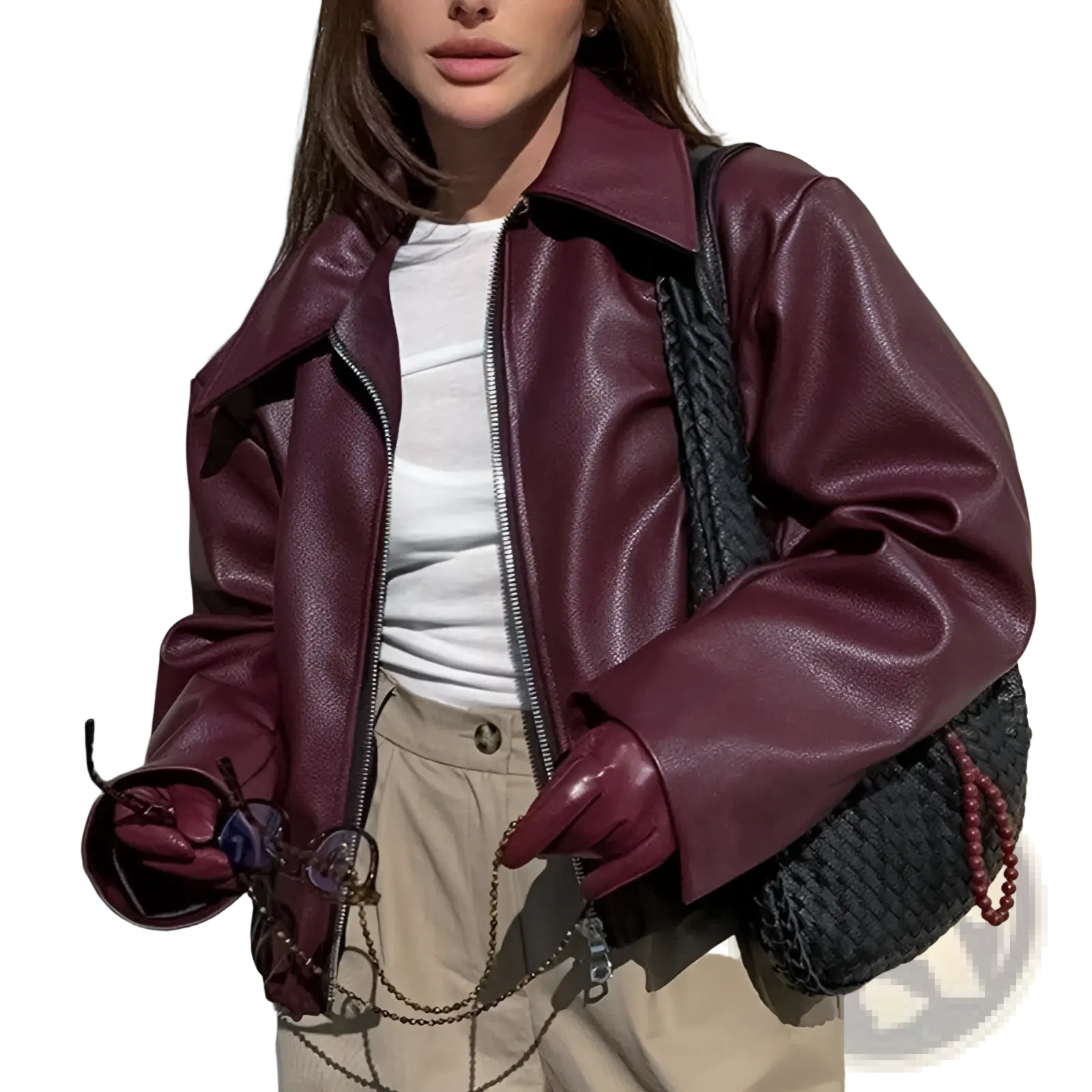 A burgundy faux leather bomber jacket with a classic collar and zipper front in a loose fit cropped moto coat style