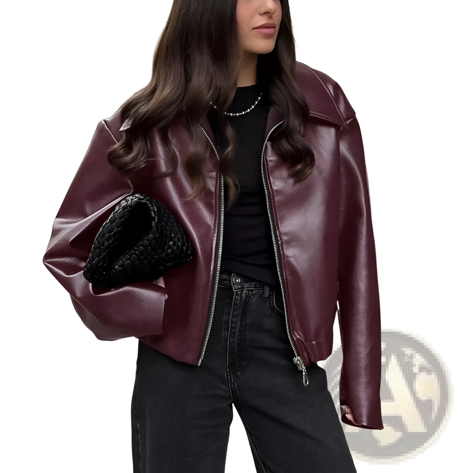 A burgundy faux leather bomber jacket with a loose fit cropped moto coat featuring silver zipper detailing