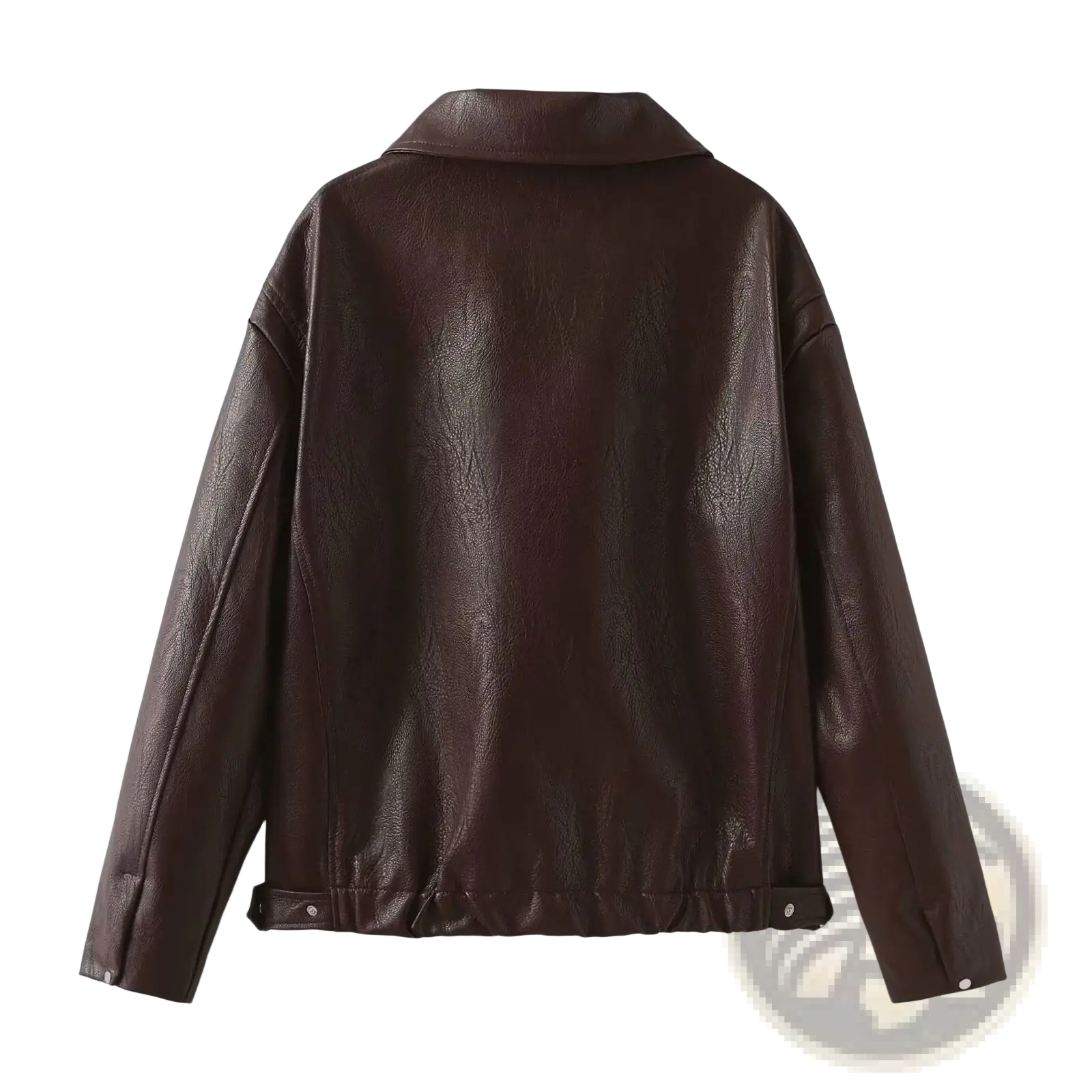 Dark brown faux leather bomber jacket with classic collar elasticated cuffs loose fit cropped moto coat