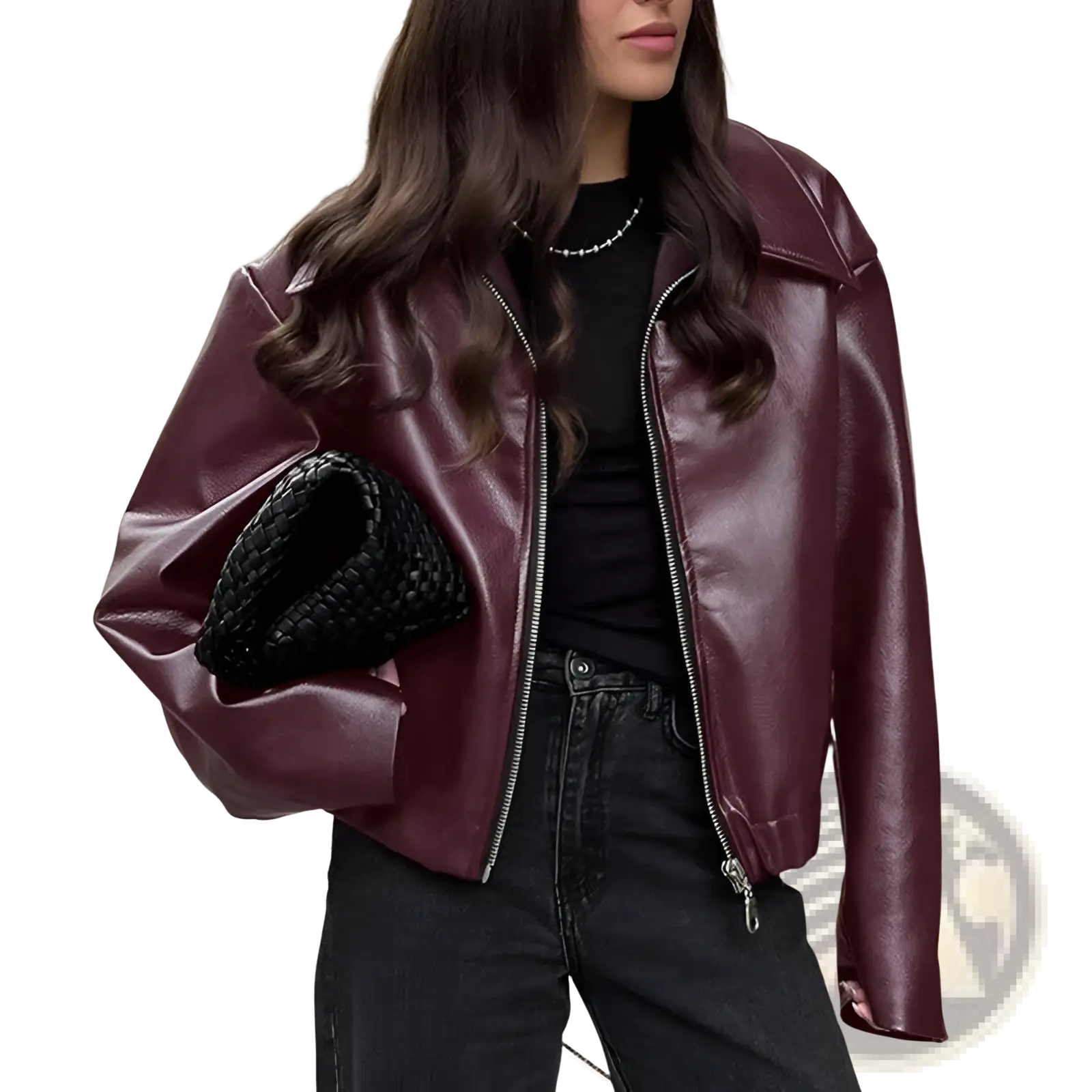 A glossy maroon faux leather cropped moto jacket with silver zipper detailing and loose fit bomber style