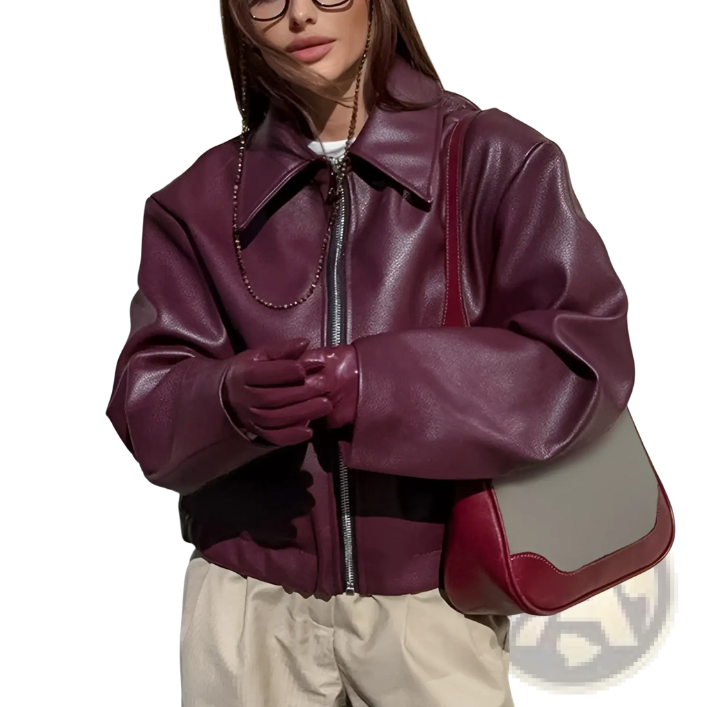 A rich burgundy faux leather bomber jacket with matte finish and silver zipper in a loose fit cropped moto coat design