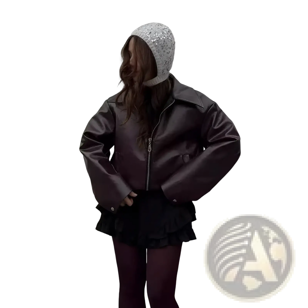 A shiny dark brown faux leather bomber jacket with central zipper and structured shoulders in a loose fit cropped style
