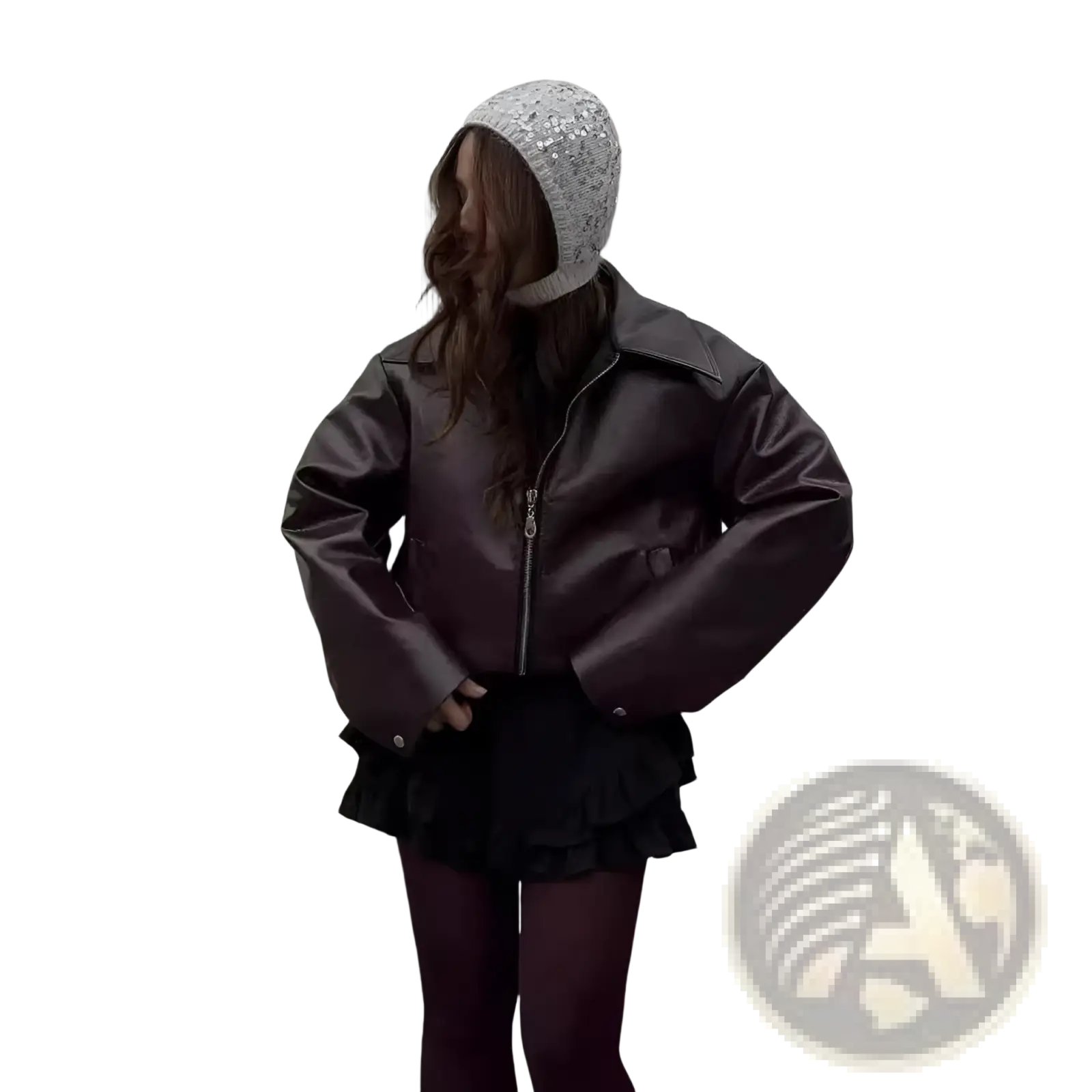 A shiny dark brown faux leather bomber jacket with central zipper and structured shoulders in a loose fit cropped style