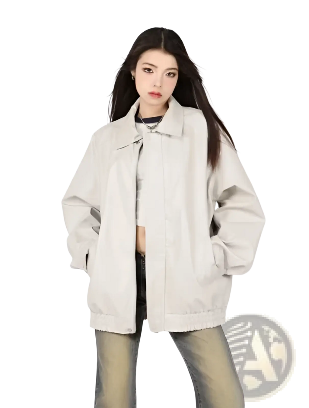 Beige faux leather bomber jacket oversized with a relaxed fit and subtle stitching details for casual wear