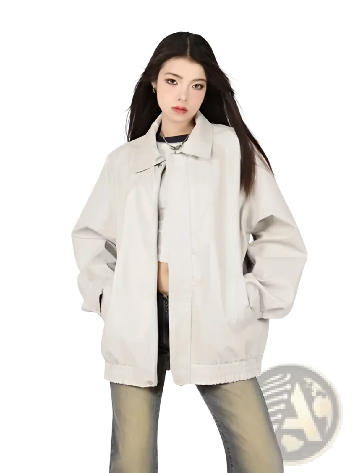 Beige faux leather bomber jacket oversized with a relaxed fit and subtle stitching details for casual wear