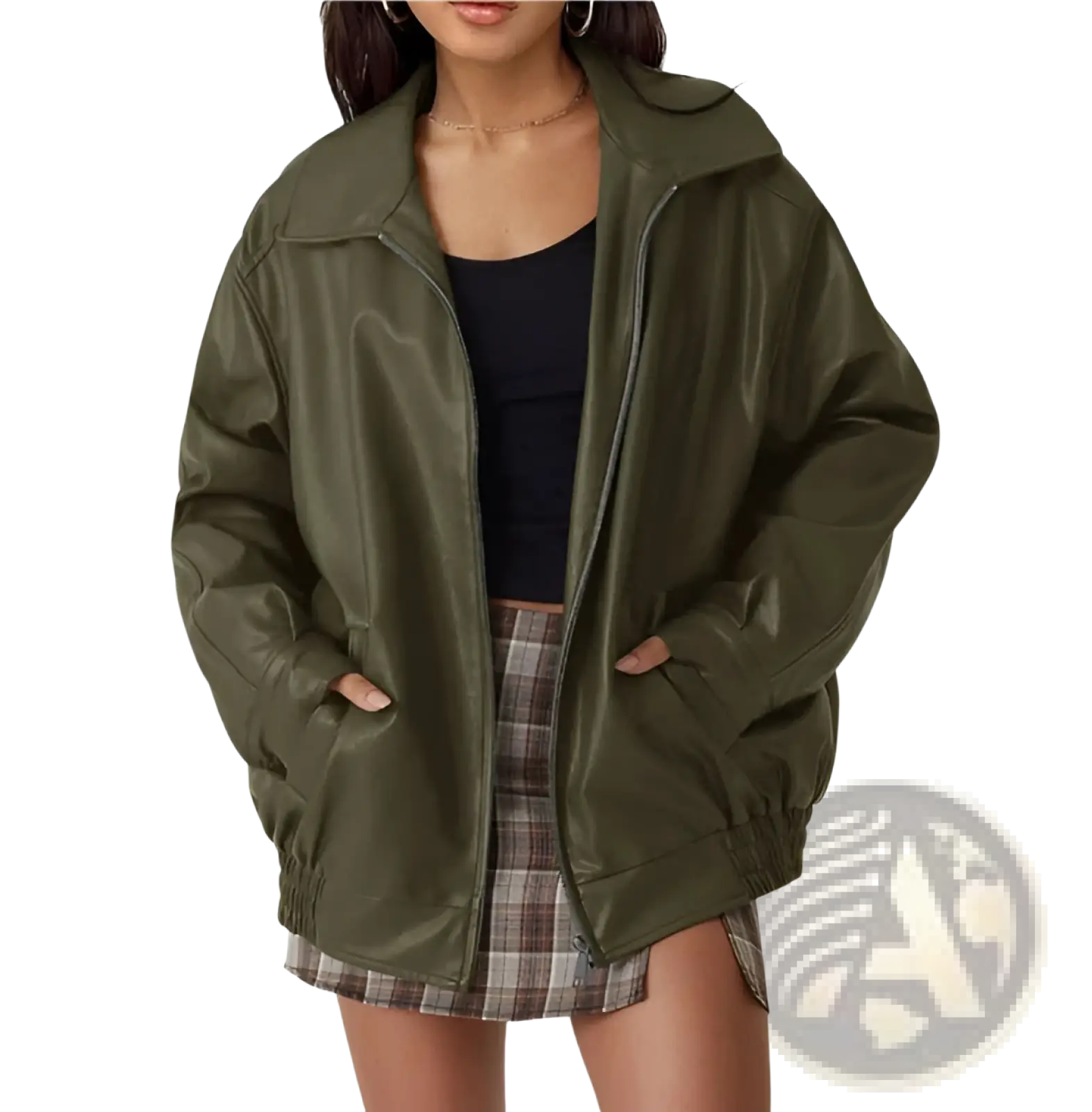 Olive green faux leather bomber jacket with oversized relaxed fit and front zipper closure for casual wear