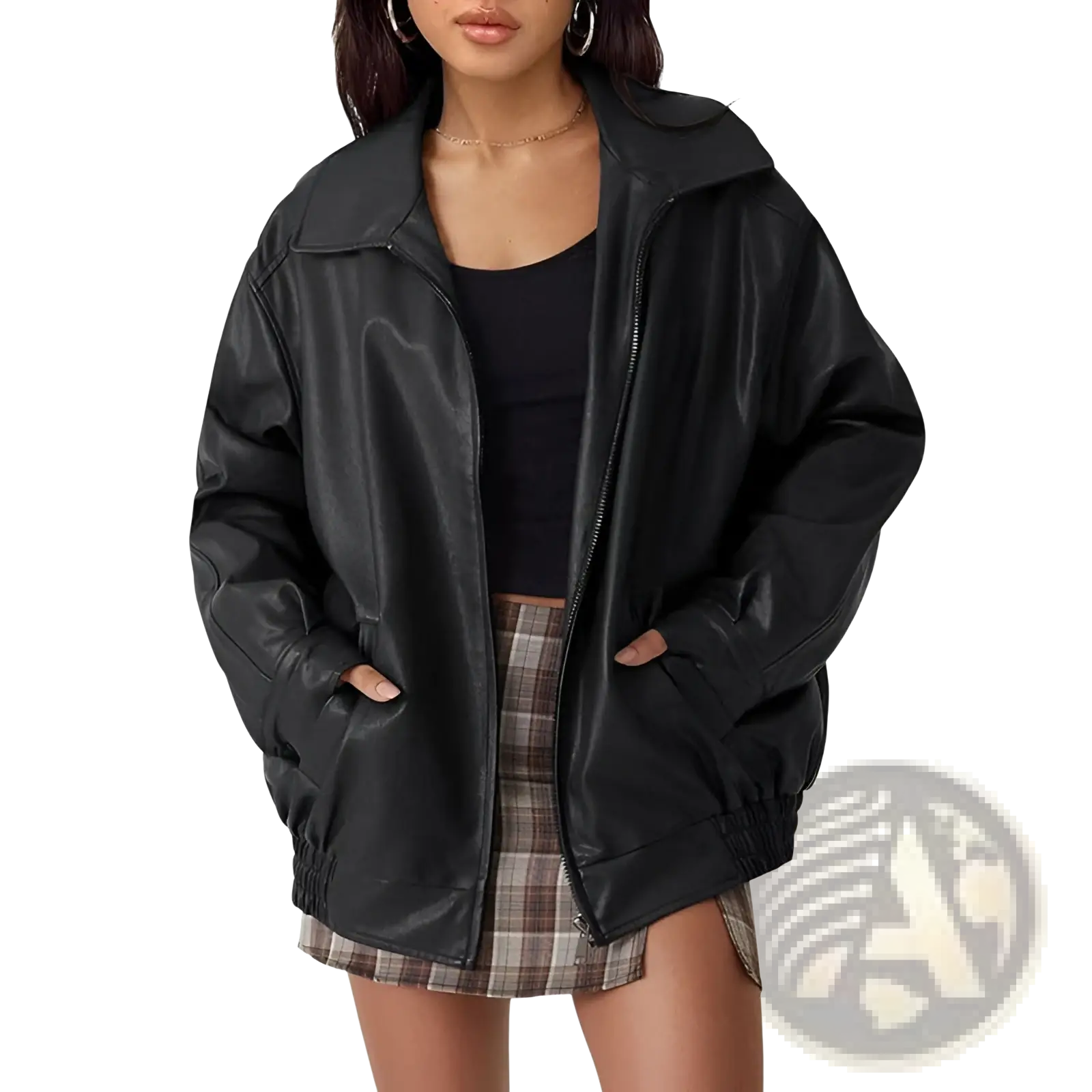 Black faux leather bomber jacket with hood and front zipper oversized relaxed fit coat for casual wear