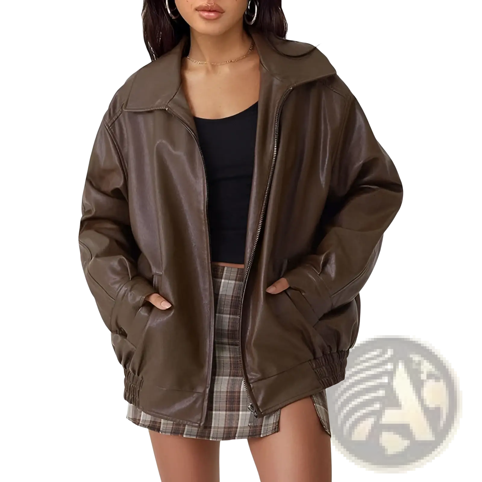 Brown faux leather bomber jacket with oversized relaxed fit and ribbed cuffs for casual outerwear