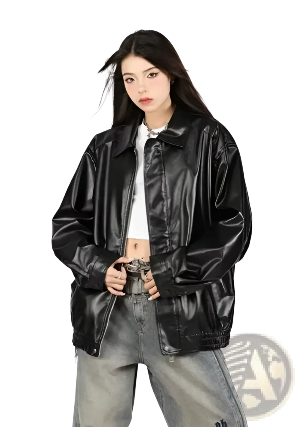 Black faux leather bomber jacket with glossy finish and classic collar oversized relaxed fit coat front view