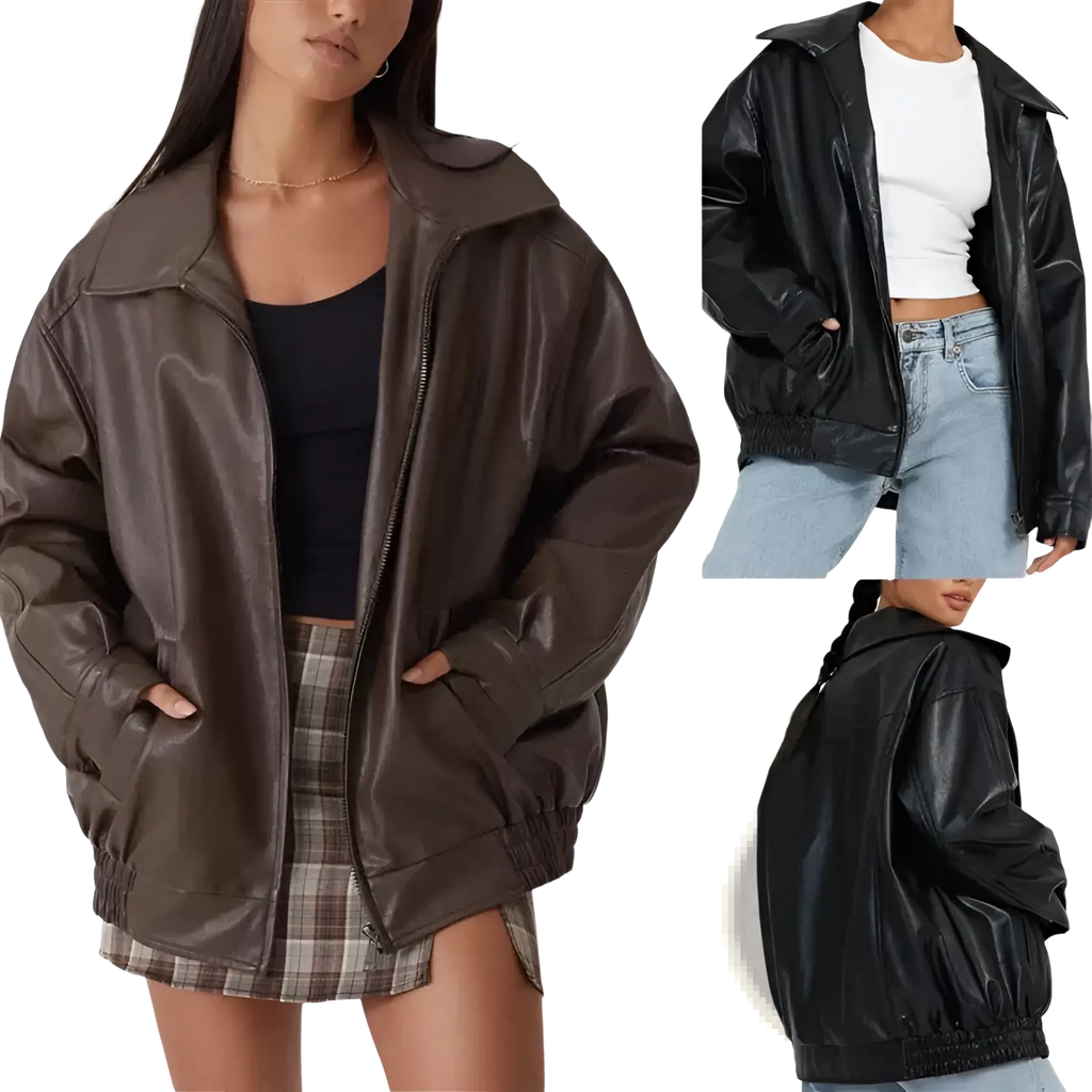 A stylish oversized faux leather bomber jacket in matte brown with elastic cuffs and hem for relaxed fit wear