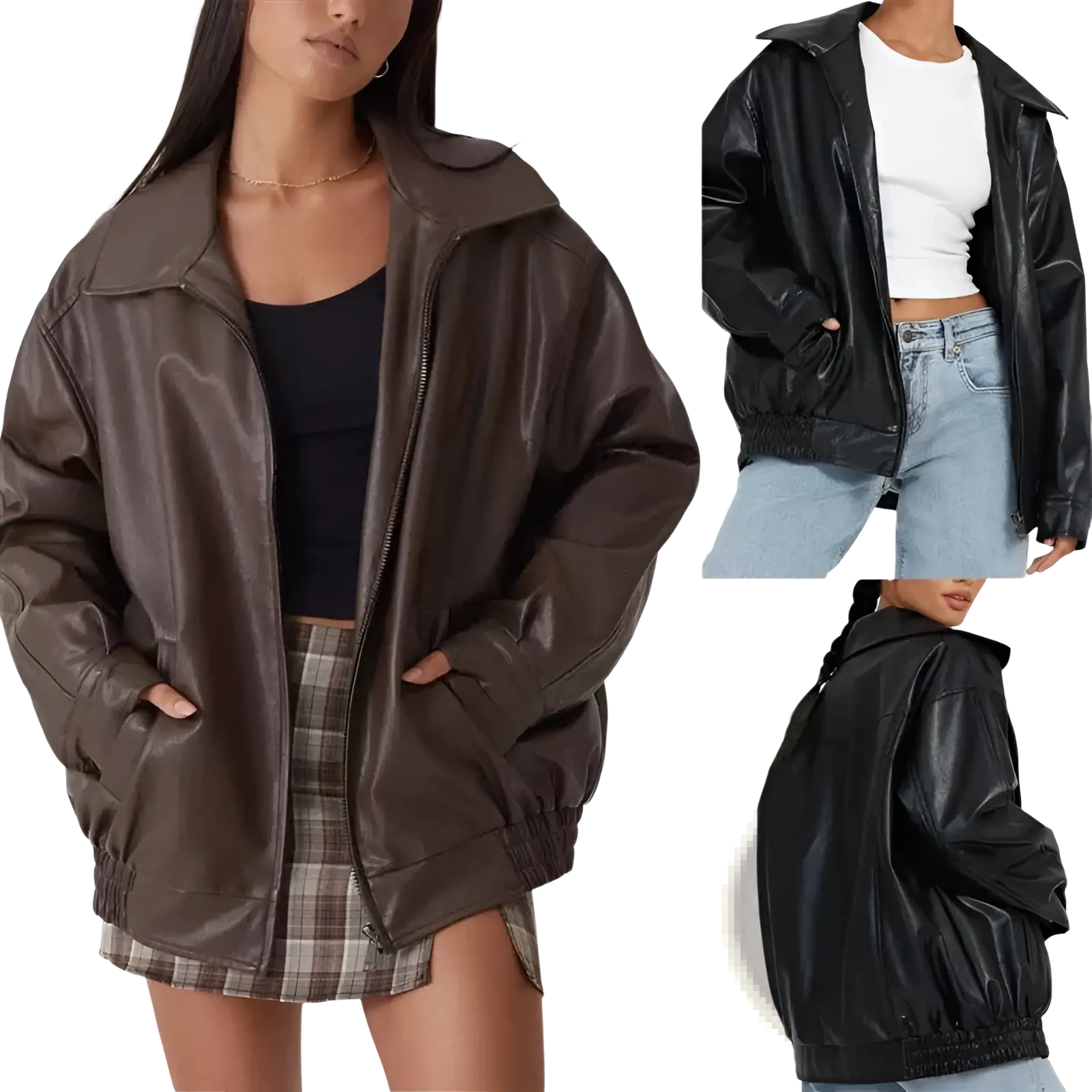 A stylish oversized faux leather bomber jacket in matte brown with elastic cuffs and hem for relaxed fit wear