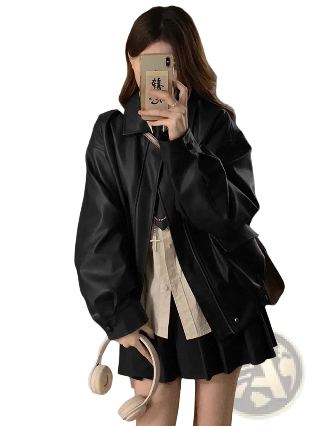 Black faux leather bomber jacket oversized short coat with relaxed fit and subtle stitching details