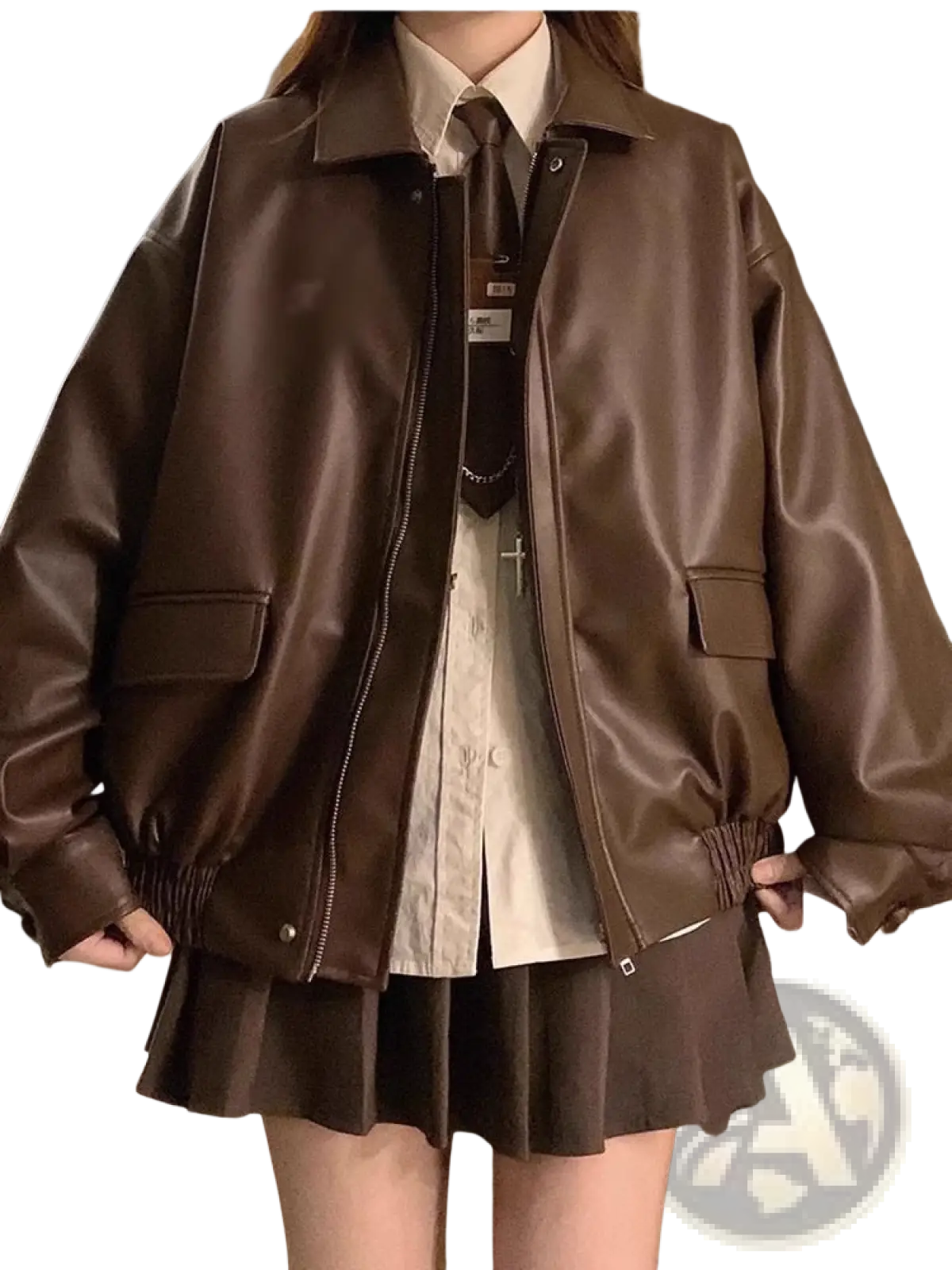 Brown faux leather bomber jacket oversized short coat with matte finish and ribbed cuffs
