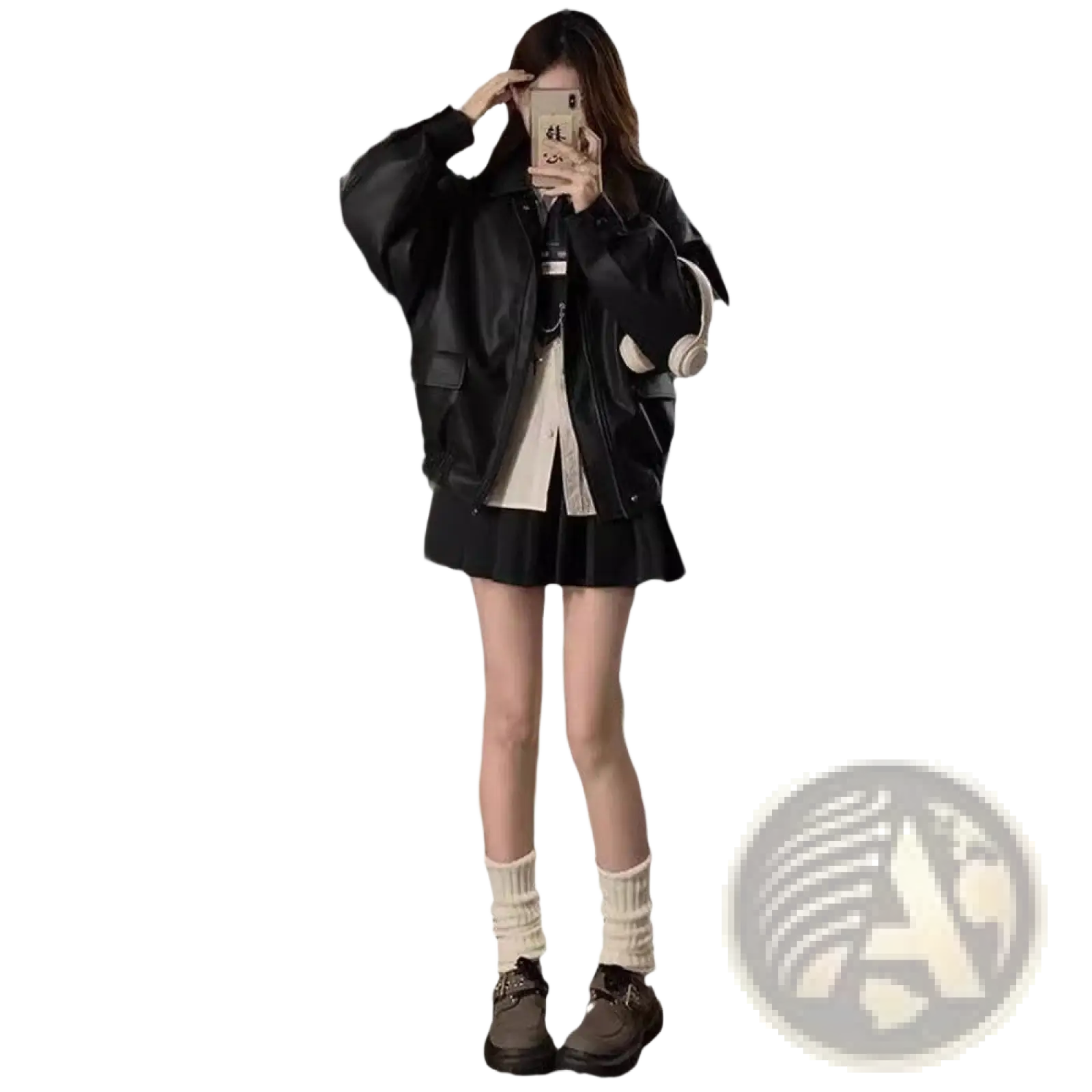 Black faux leather bomber jacket with oversized puffy sleeves and front pockets in a short coat style
