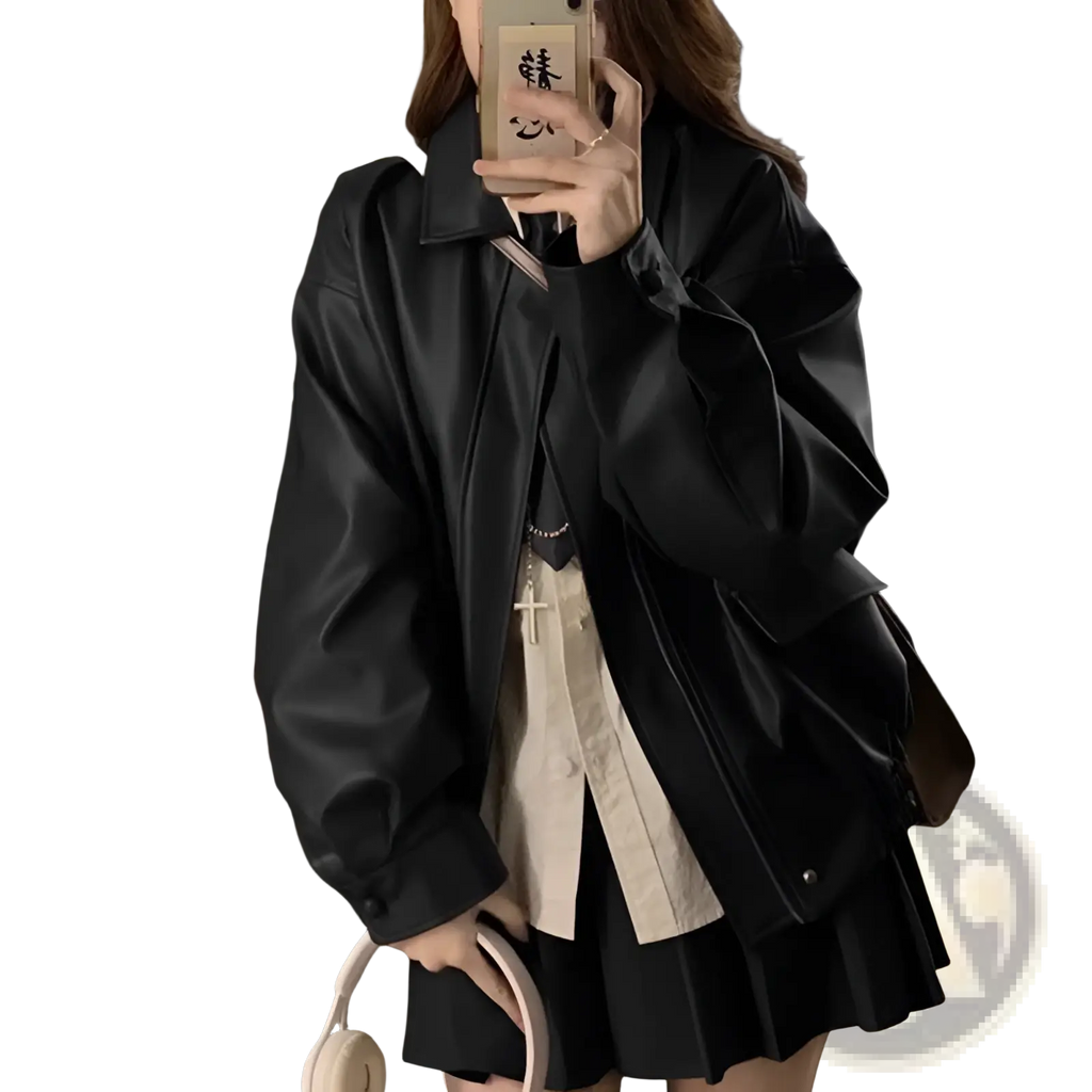 Black faux leather bomber jacket with relaxed fit and subtle stitching details oversized short coat design