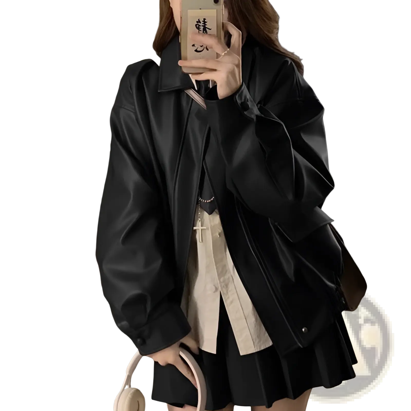 Black faux leather bomber jacket with relaxed fit and subtle stitching details oversized short coat design
