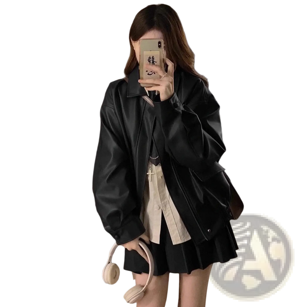 Black faux leather bomber jacket oversized short coat with relaxed fit and subtle stitching details visible from front