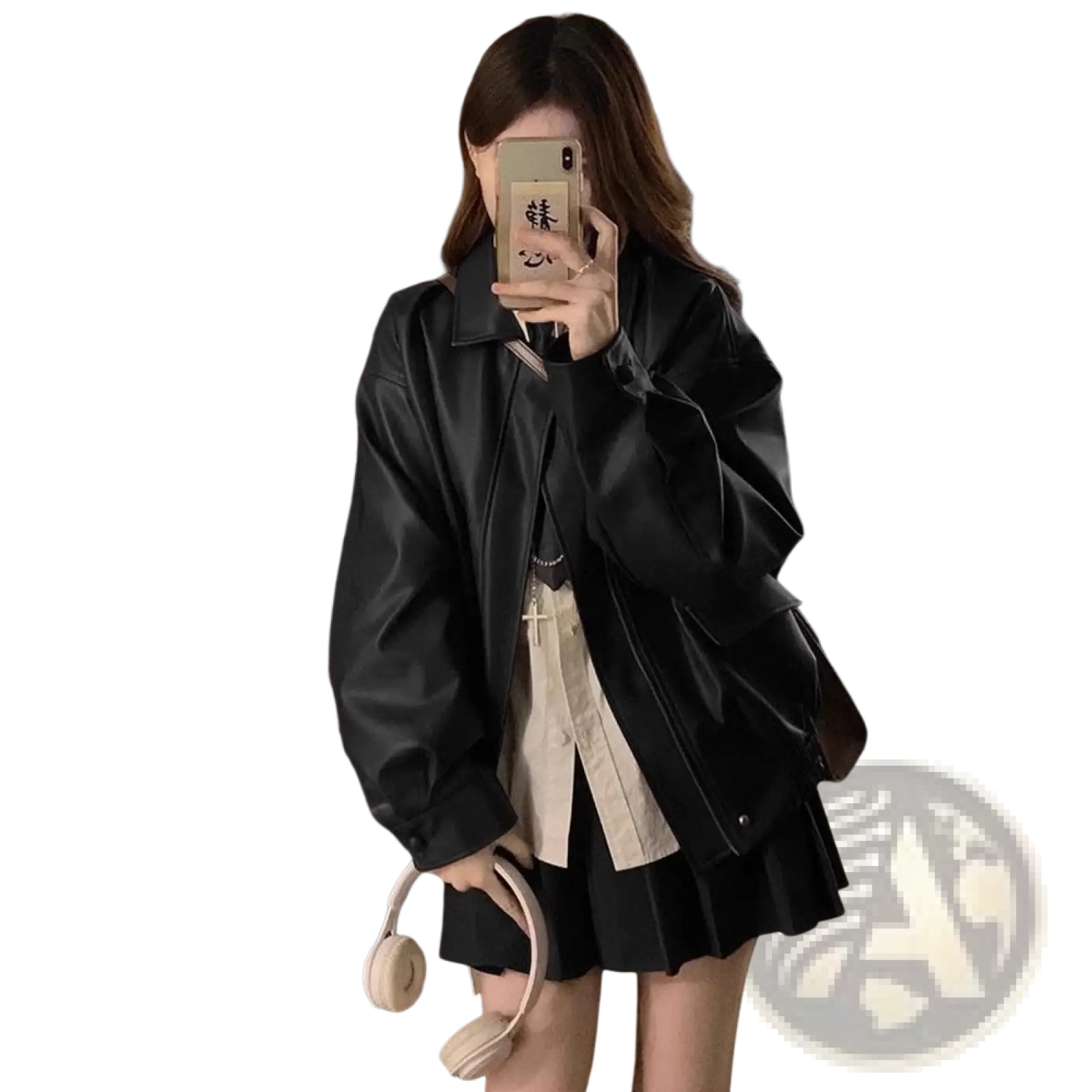 Black faux leather bomber jacket oversized short coat with relaxed fit and subtle stitching details visible from front
