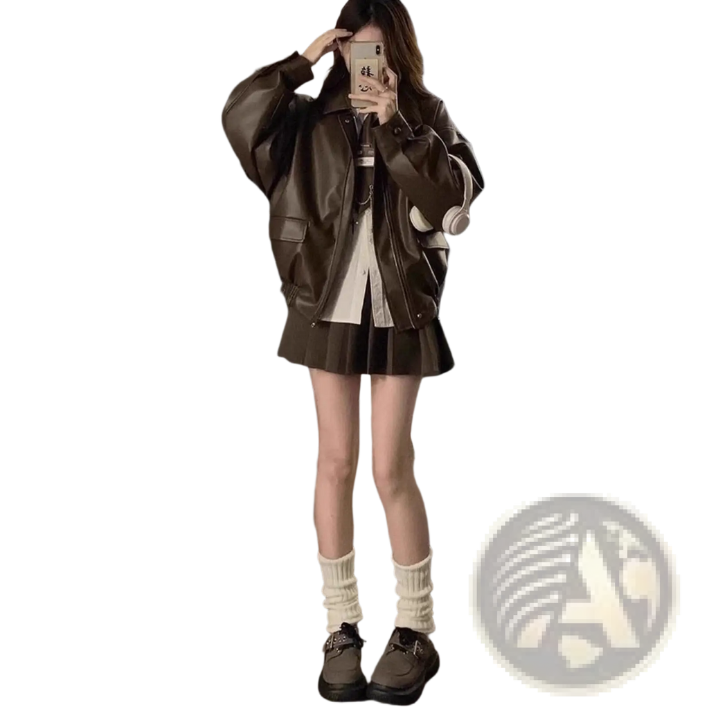 Brown faux leather oversized bomber jacket with flap pockets and classic collar short coat for casual wear