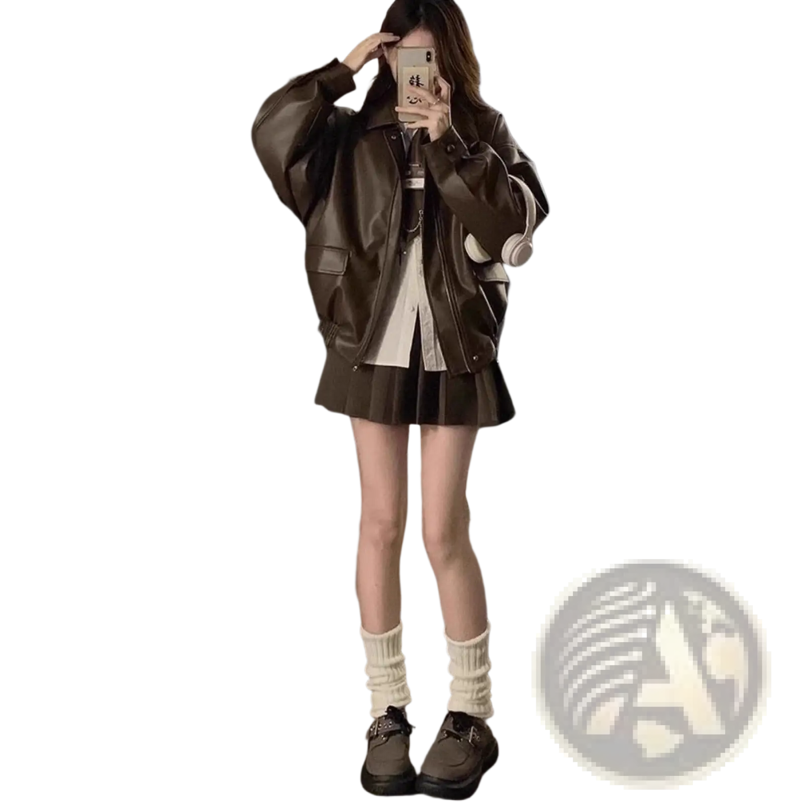Brown faux leather oversized bomber jacket with flap pockets and classic collar short coat for casual wear