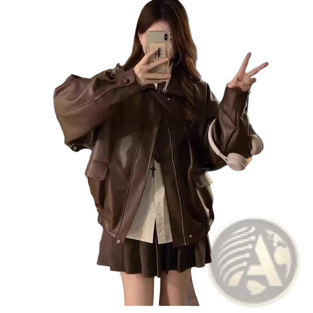Brown faux leather bomber jacket with puffed sleeves and front zipper closure in an oversized short coat style