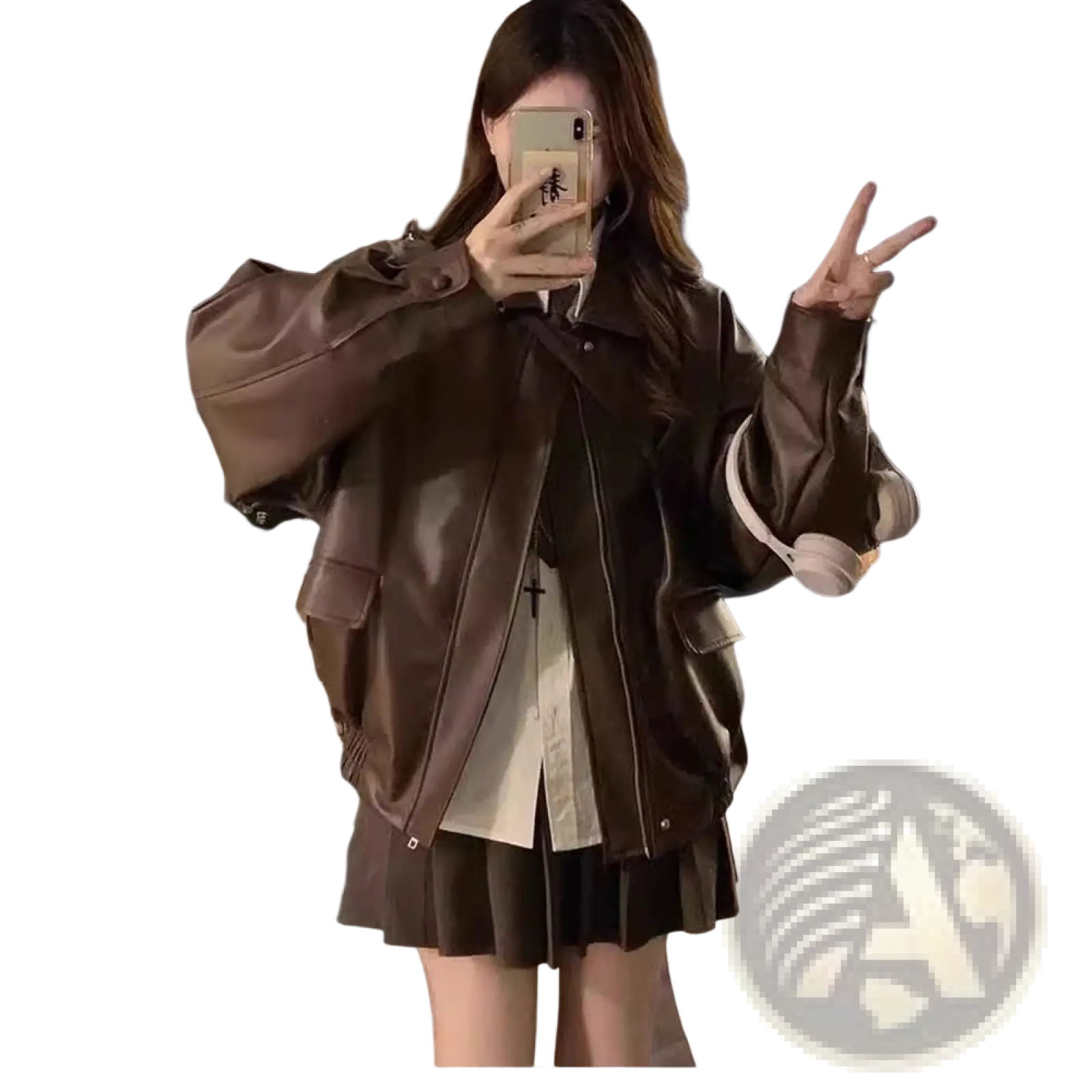 Brown faux leather bomber jacket with puffed sleeves and front zipper closure in an oversized short coat style