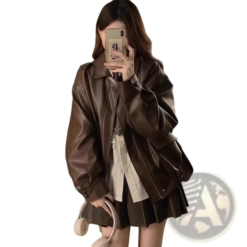 Brown faux leather bomber jacket oversized short coat with relaxed fit and subtle stitching details
