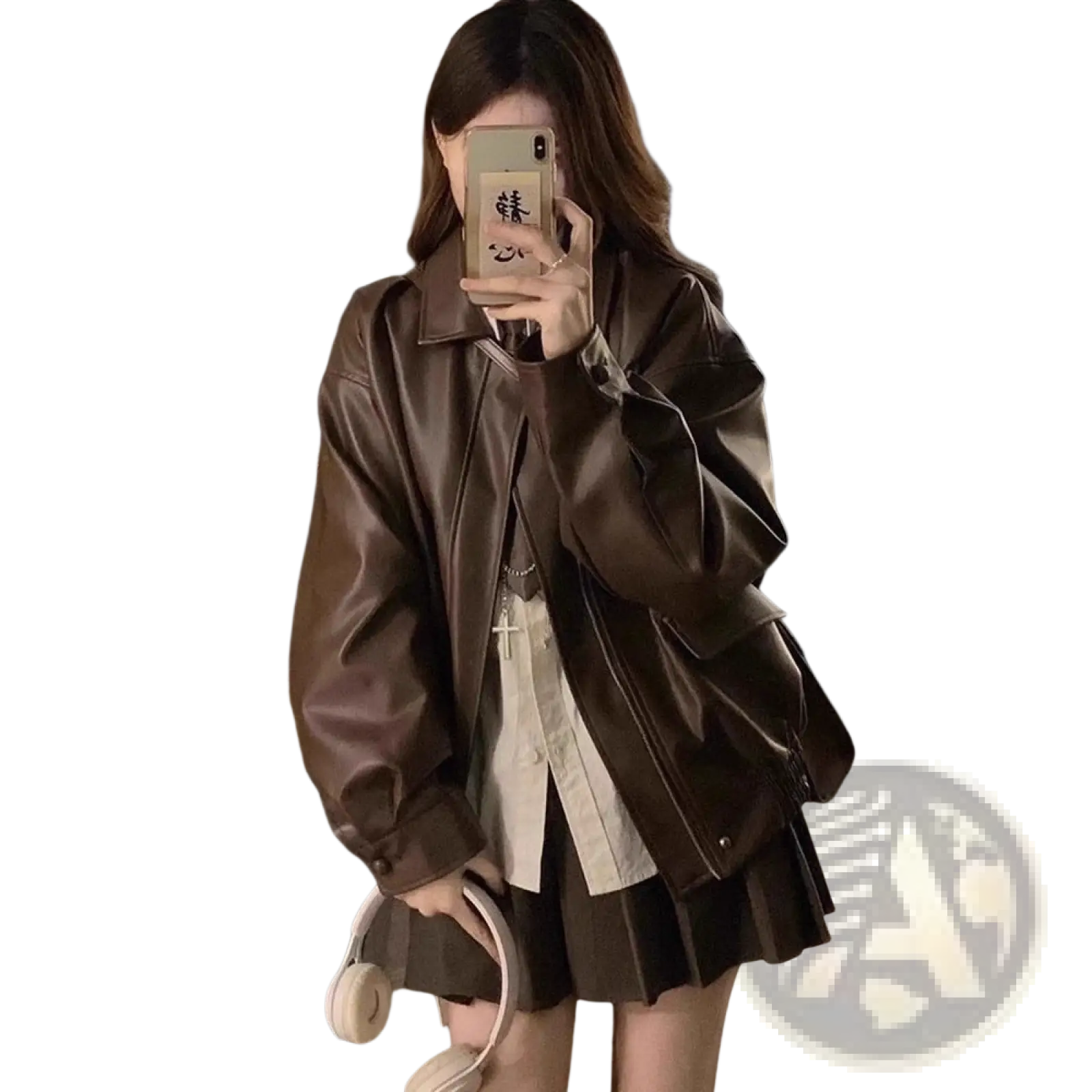 Brown faux leather bomber jacket oversized short coat with relaxed fit and subtle stitching details