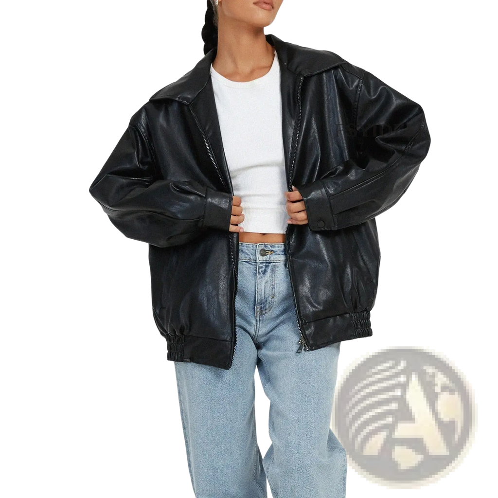 Black faux leather bomber jacket with relaxed fit ribbed cuffs and hem womens coat front view