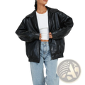 Black faux leather bomber jacket with relaxed fit ribbed cuffs and hem womens coat front view