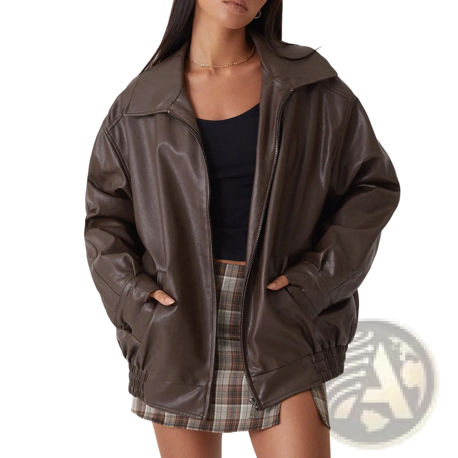 A dark brown faux leather bomber jacket with relaxed fit and ribbed cuffs for women