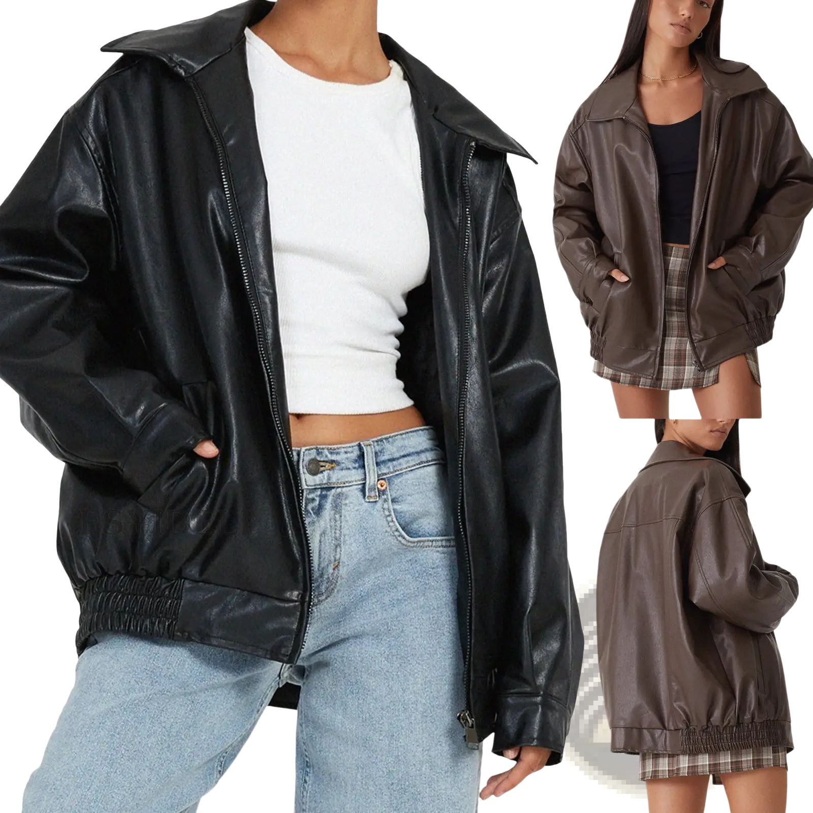 Black faux leather bomber jacket with hood and elasticated cuffs relaxed fit womens coat front view