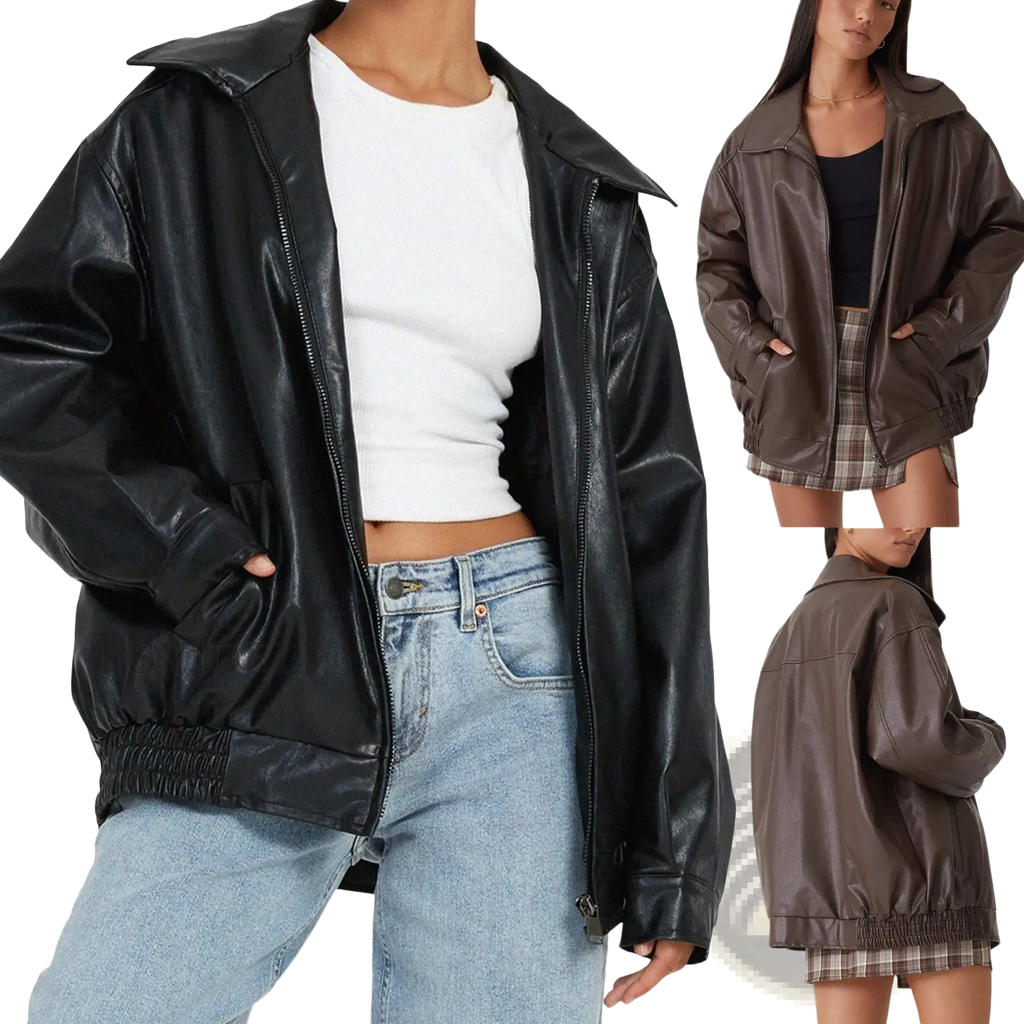 Black faux leather bomber jacket with hood and elasticated cuffs relaxed fit womens coat front view