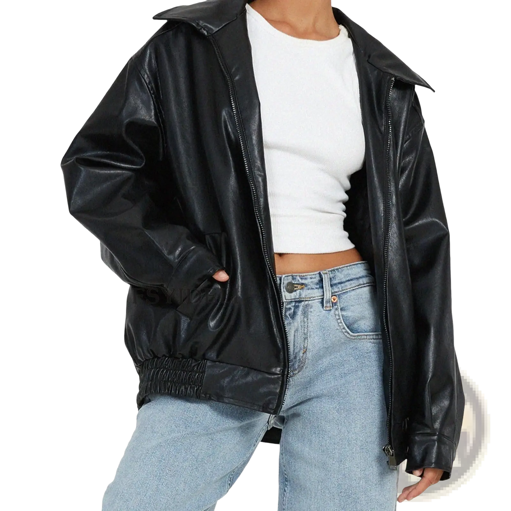 Black faux leather bomber jacket for women with high collar and elasticized waistband in a relaxed fit design